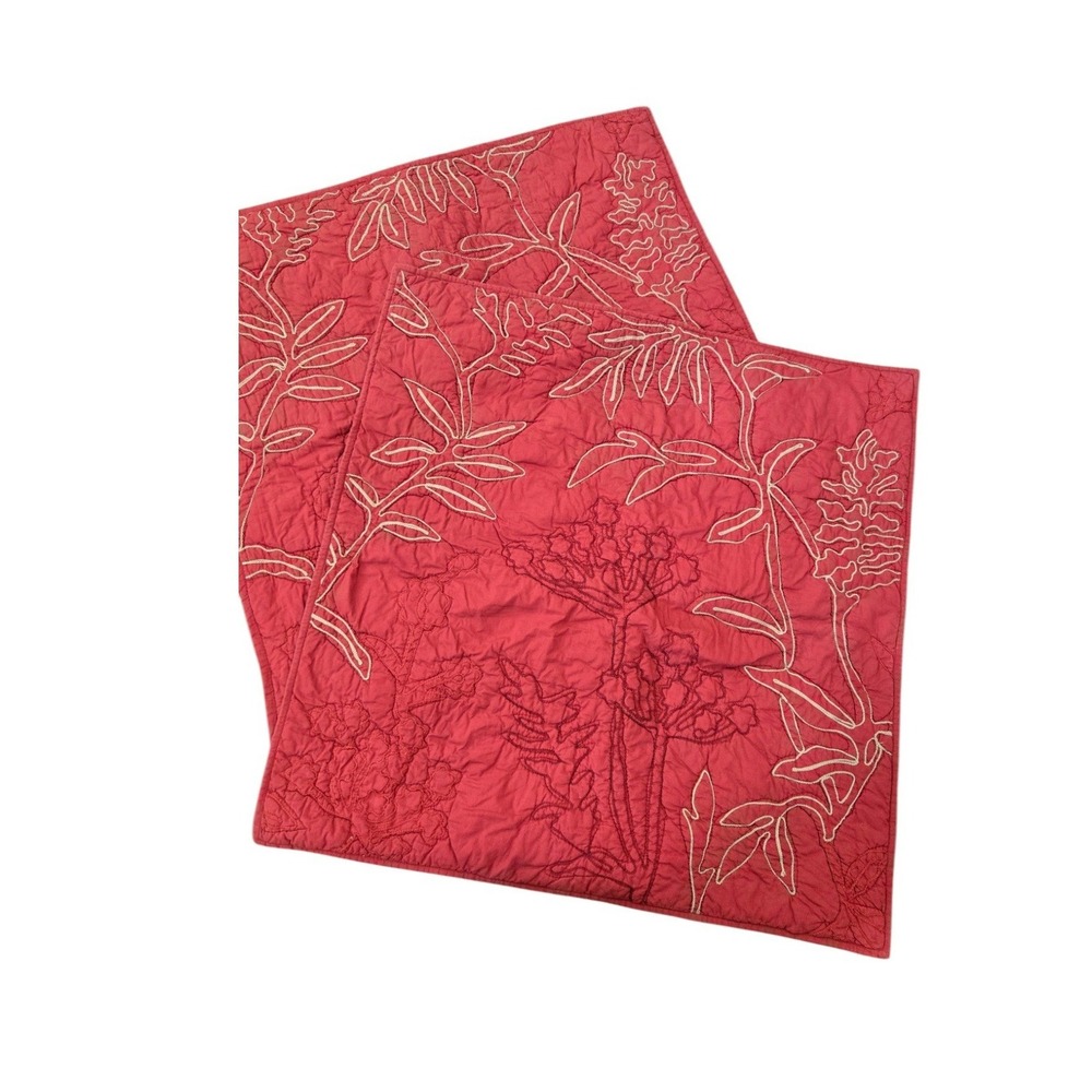 2 Pottery Barn Euro Pillow Shams Covers Red Quilted Floral Crewel Leaf Cotton